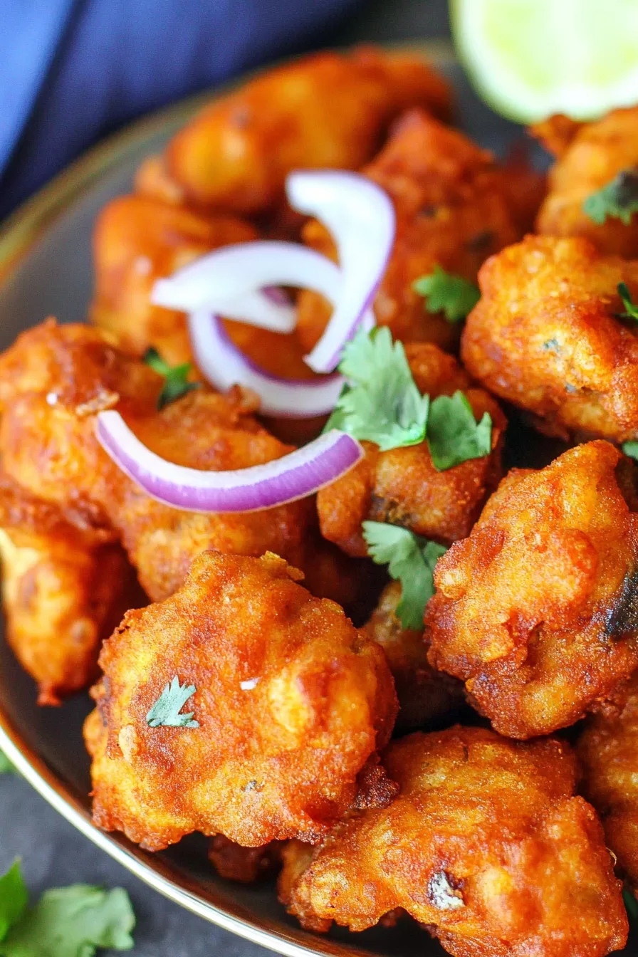 Fried fish pakoras arranged on a platter with a garnish of fresh herbs.