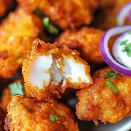 Crispy fish fritters with a peek of tender white fish inside, perfect for appetizers.