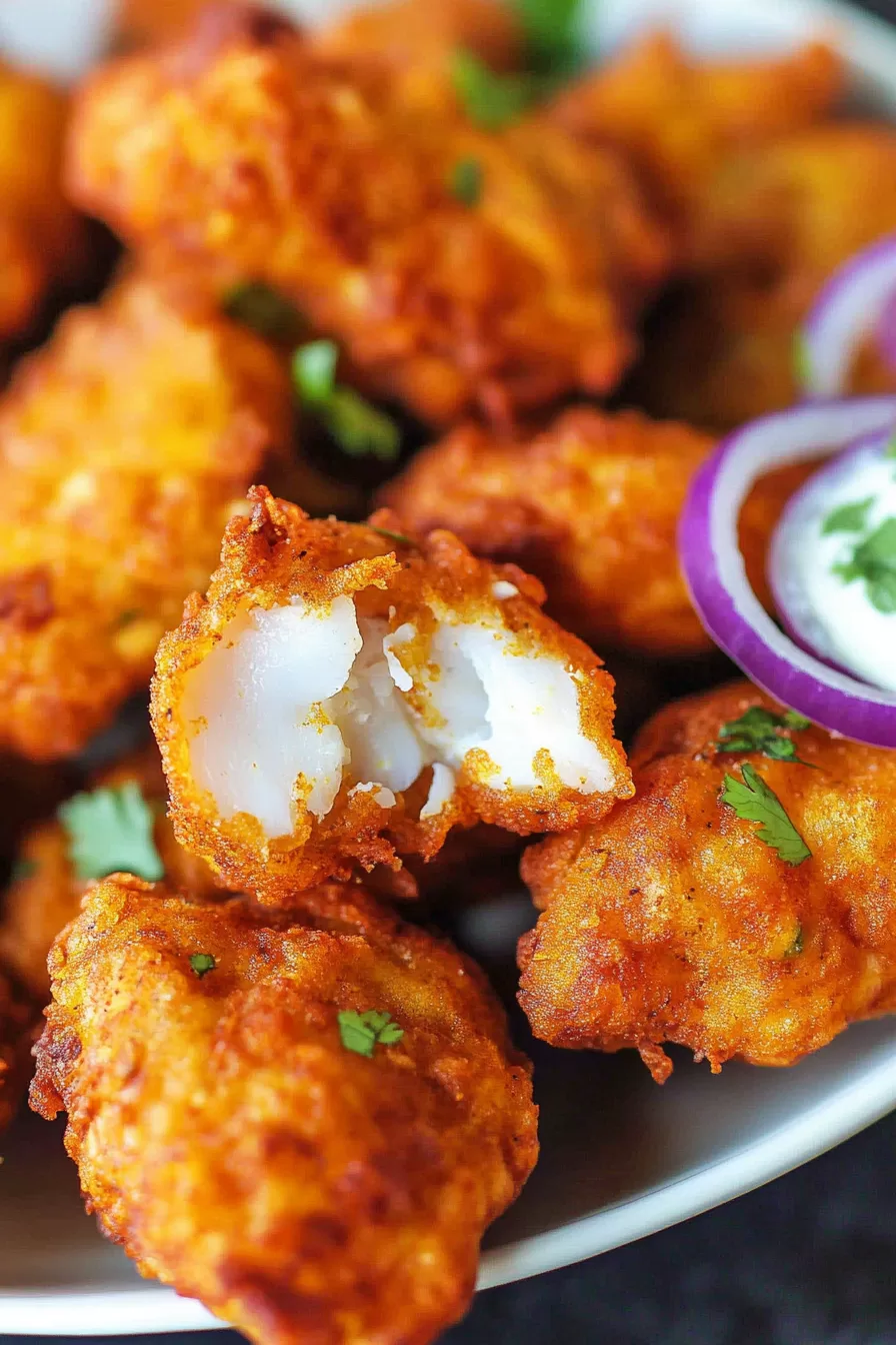 Crispy fish fritters with a peek of tender white fish inside, perfect for appetizers.