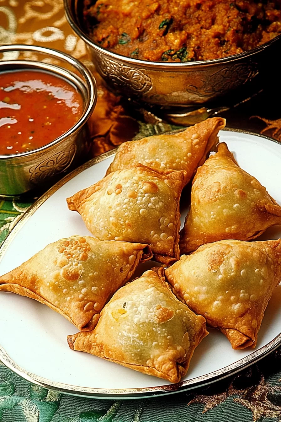 A plate of freshly fried samosas with flaky, crunchy pastry and a side of chutney.