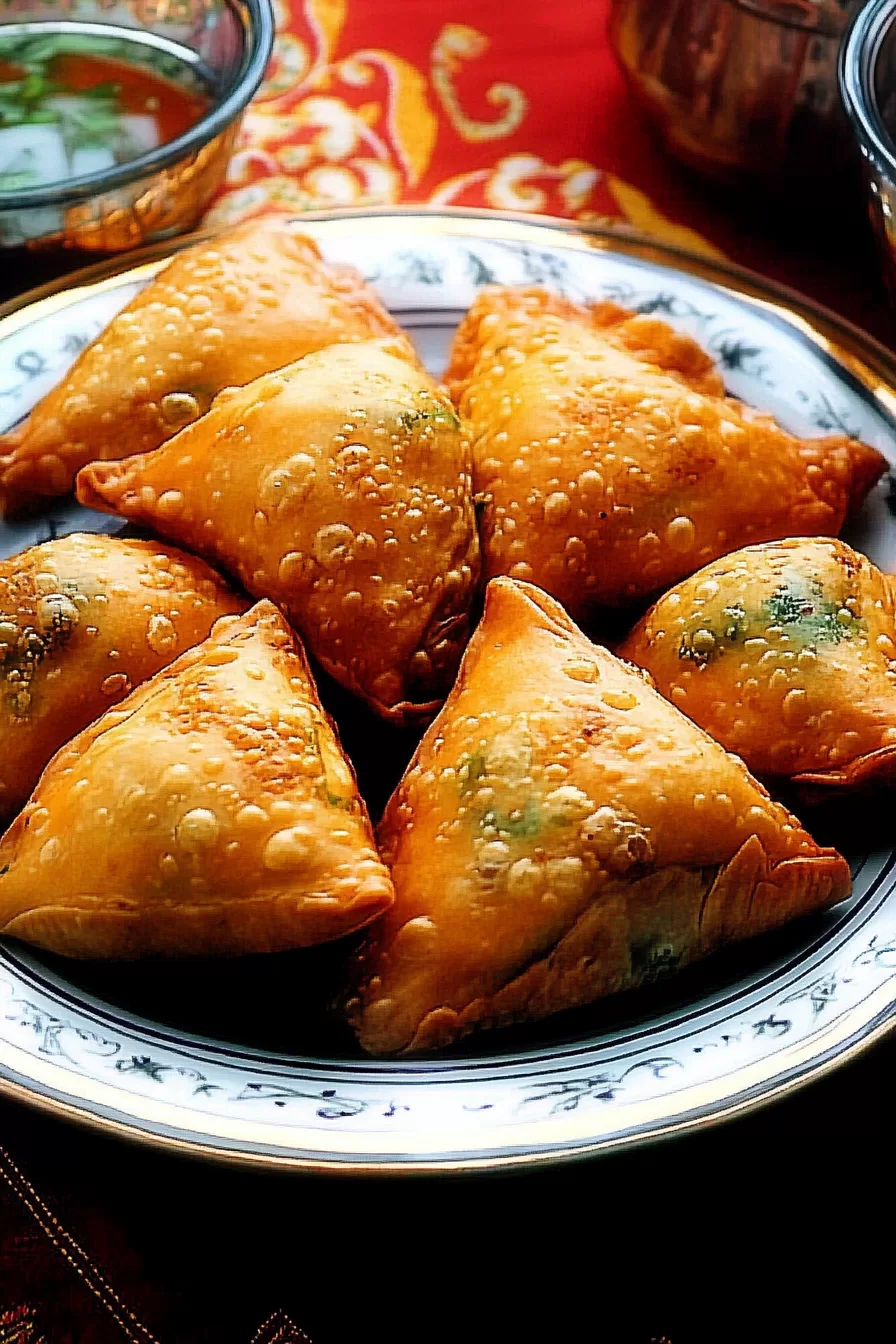 Golden-brown crispy samosas filled with a savory potato and spice mixture.