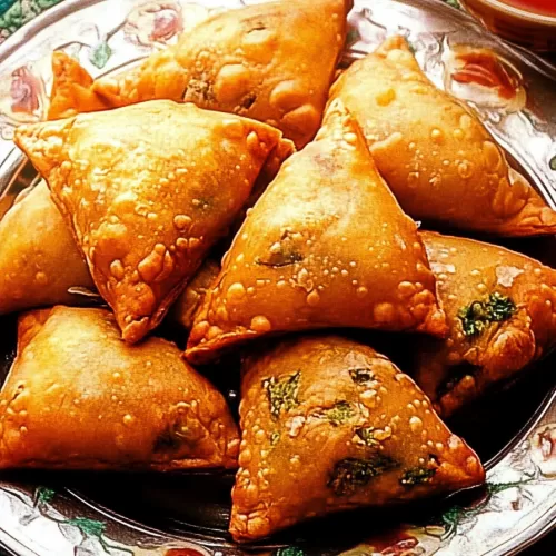 Close-up of samosas showcasing their crispy outer layer and flavorful filling.