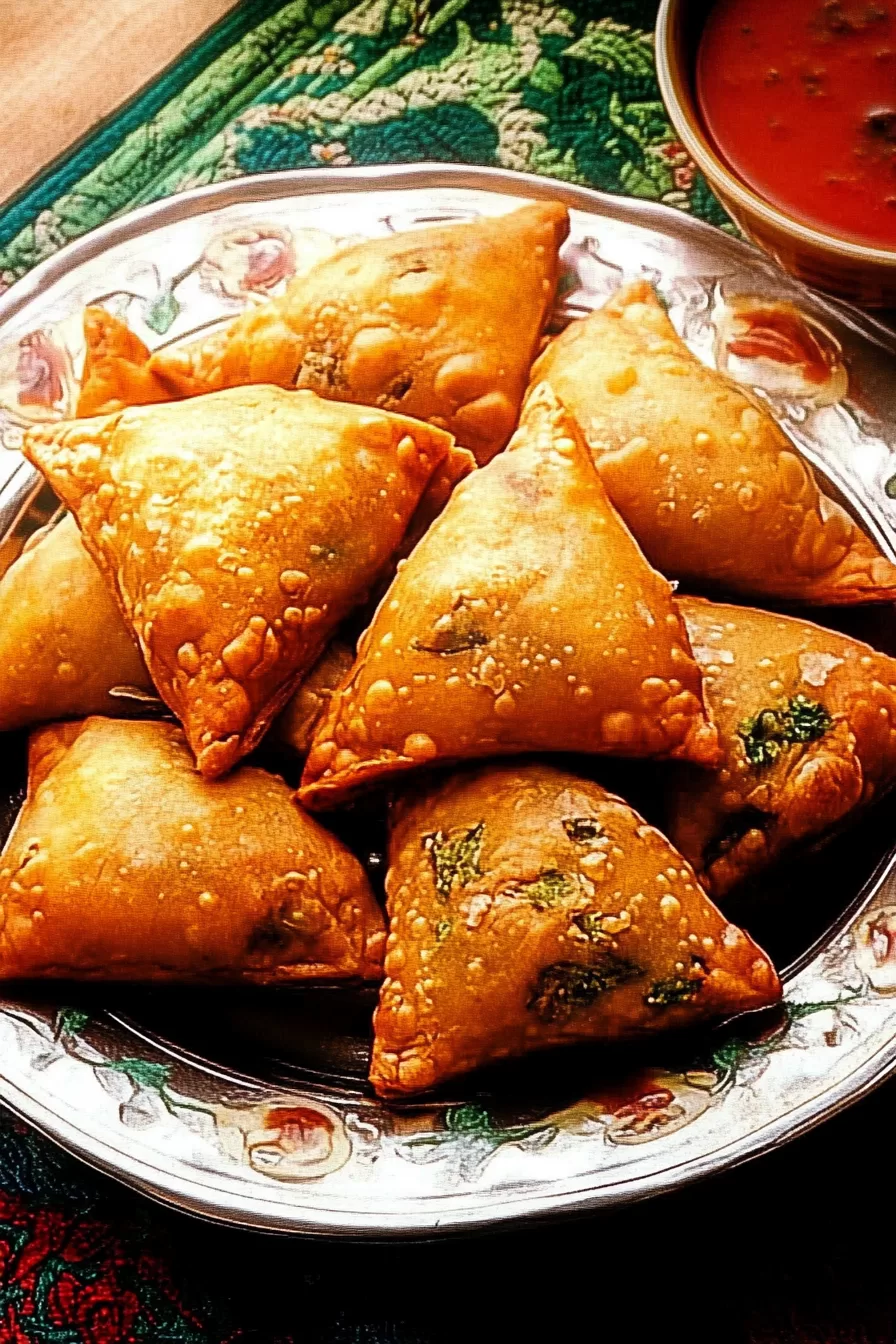 Close-up of samosas showcasing their crispy outer layer and flavorful filling.