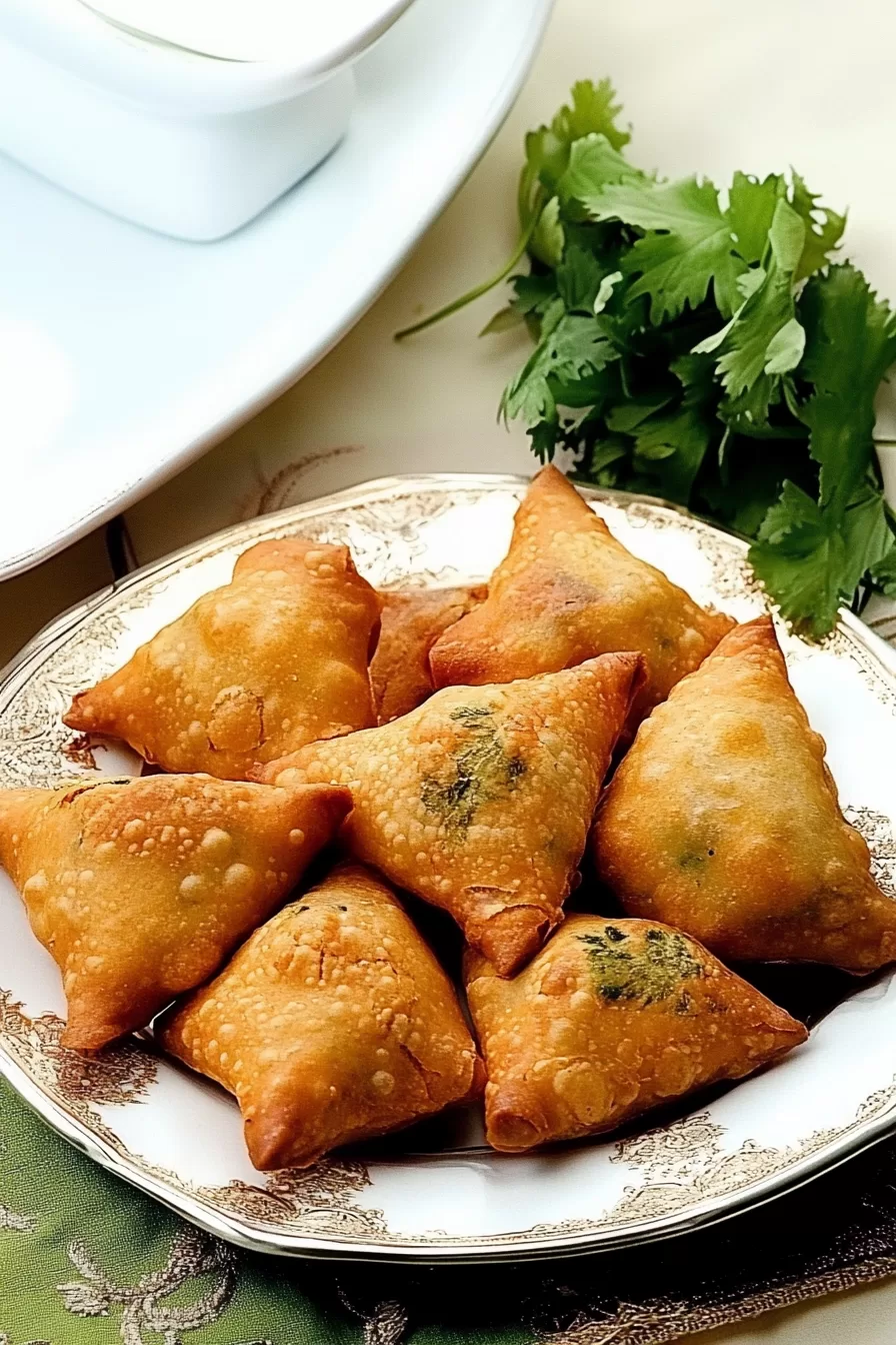 Warm and flaky samosas served on a platter, perfect for snacking or appetizers.