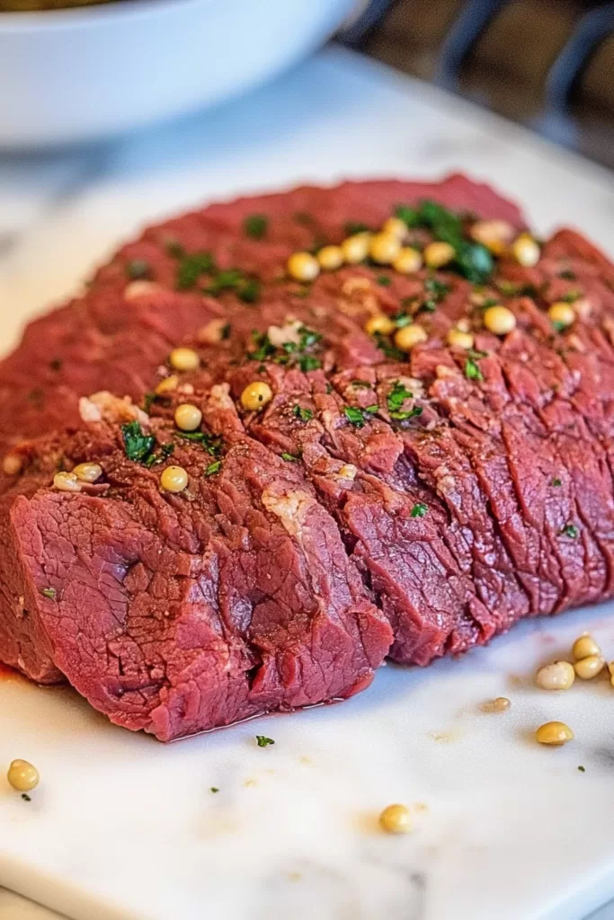 Perfectly cooked corned beef slices garnished with mustard seeds and fresh parsley on a marble surface.