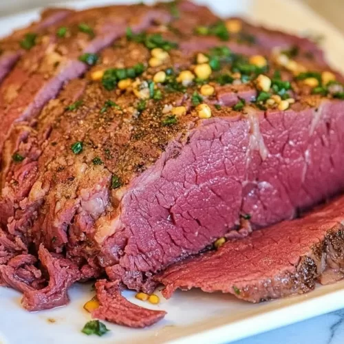 Juicy corned beef brisket plated with a flavorful seasoning blend and tender texture visible