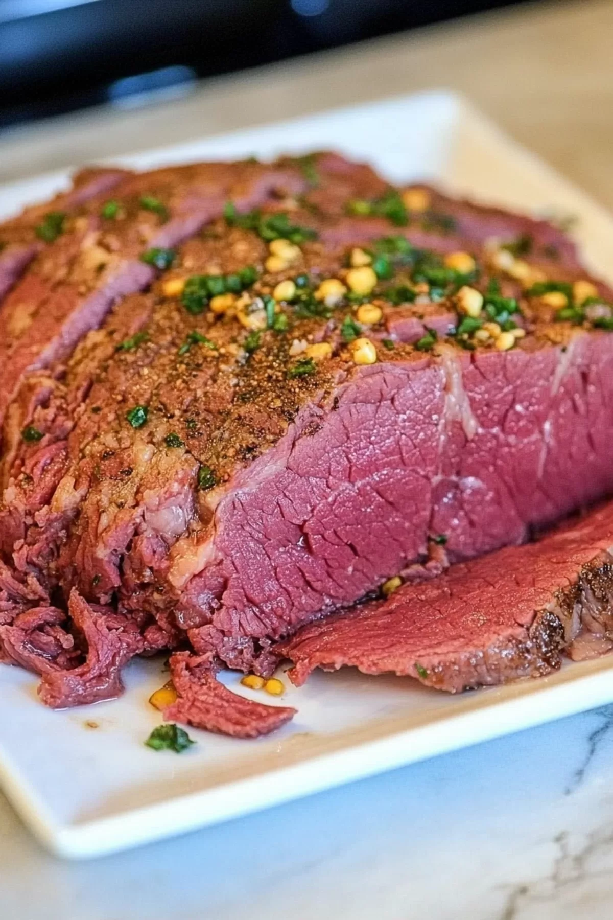 Juicy corned beef brisket plated with a flavorful seasoning blend and tender texture visible