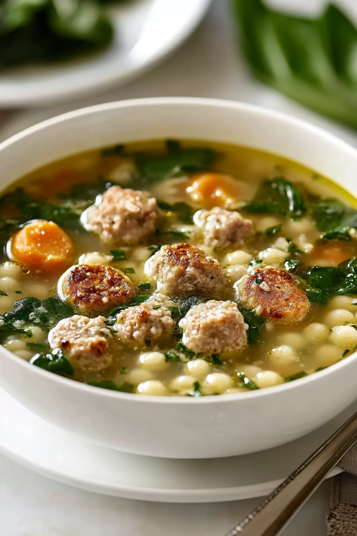 Close-up of a steaming soup showcasing tender meatballs and vibrant green spinach leaves.