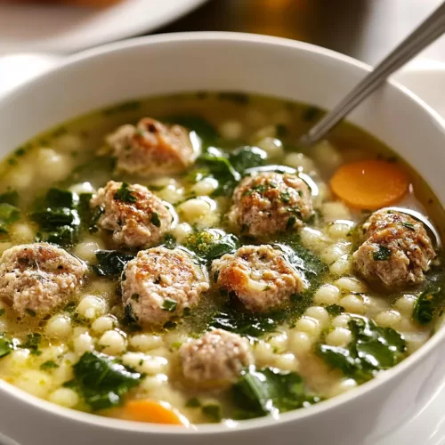 A hearty soup brimming with bite-sized meatballs and pasta, ready to be enjoyed with fresh bread.