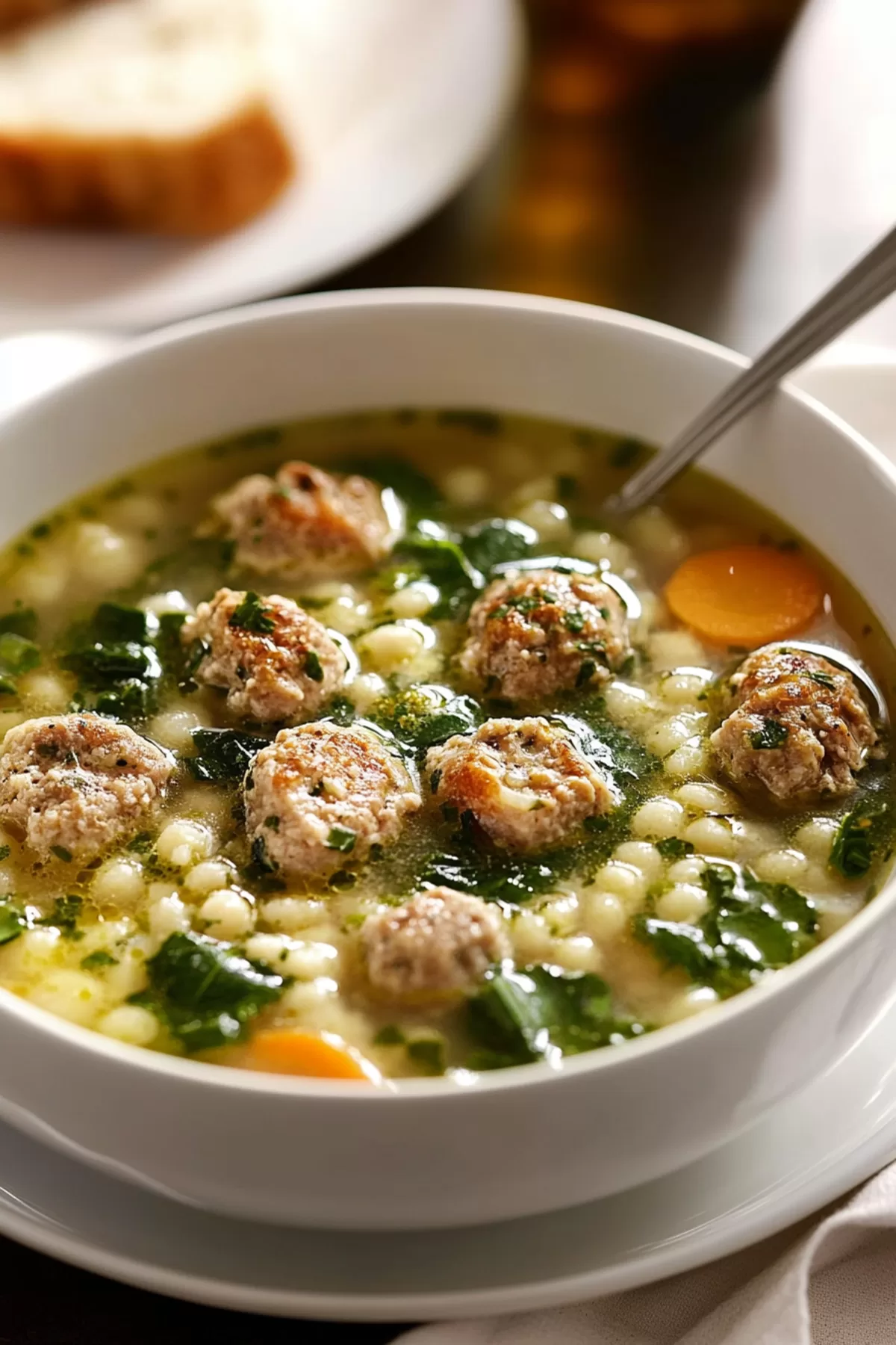 A hearty soup brimming with bite-sized meatballs and pasta, ready to be enjoyed with fresh bread.