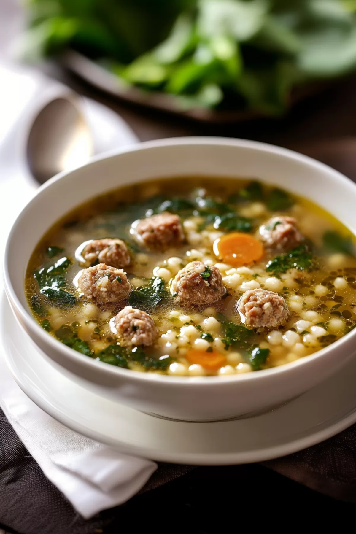 A comforting soup placed on a wooden table, accompanied by a side of crusty bread and a sprinkle of herbs.