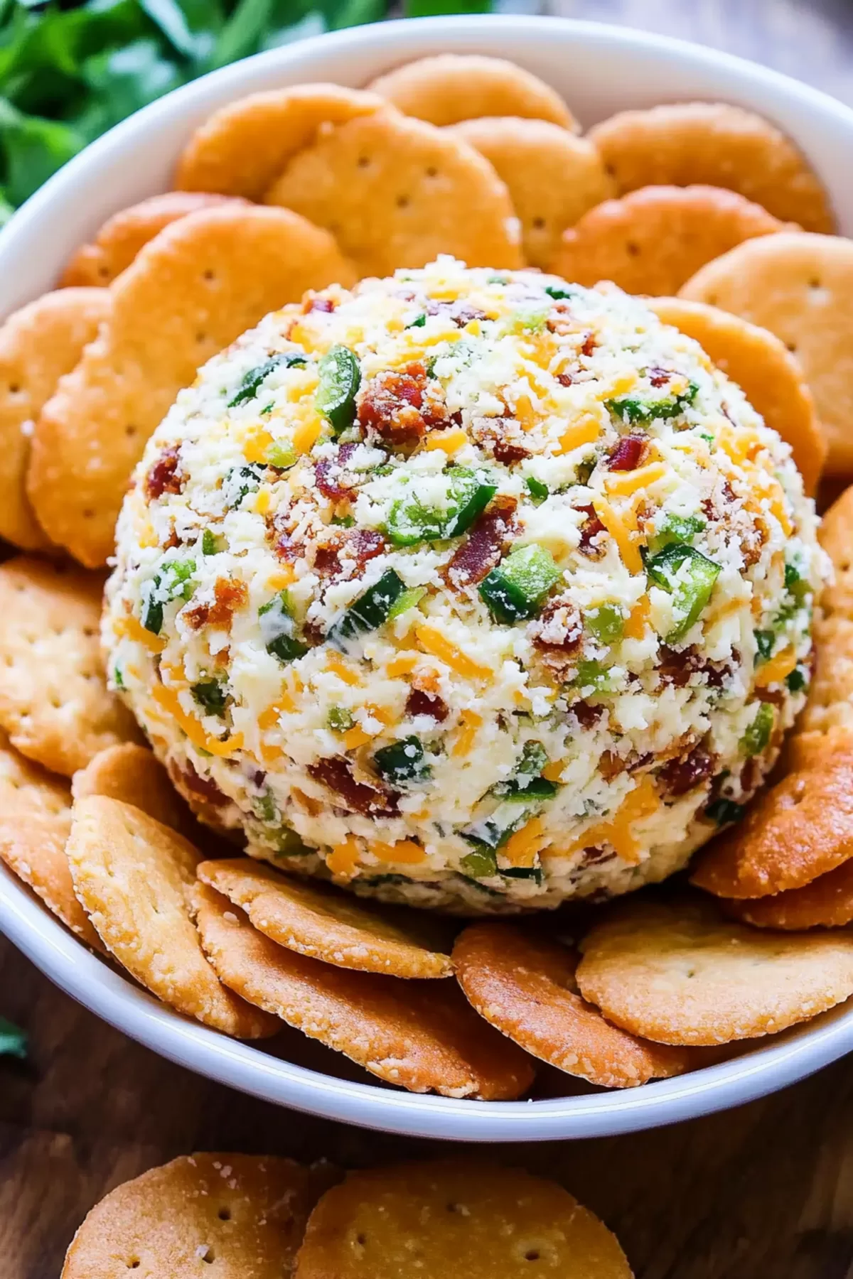 A vibrant cheese ball coated with diced jalapeños and shredded cheese, served with a variety of crackers for dipping.