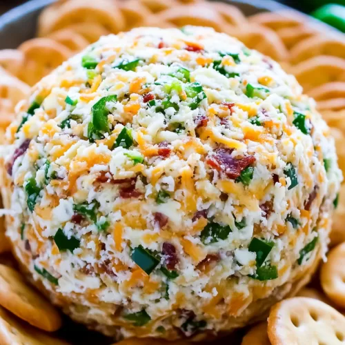 Close-up of a creamy cheese ball speckled with jalapeño, crispy bacon, and cheddar, surrounded by golden crackers on a serving dish.