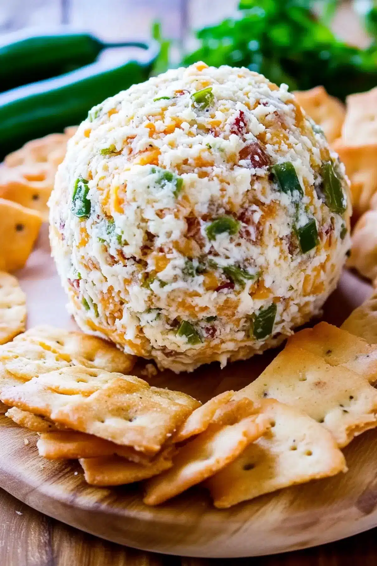 A homemade cheese ball with bits of green jalapeños and bacon, artfully placed on a rustic wooden serving board with crackers.