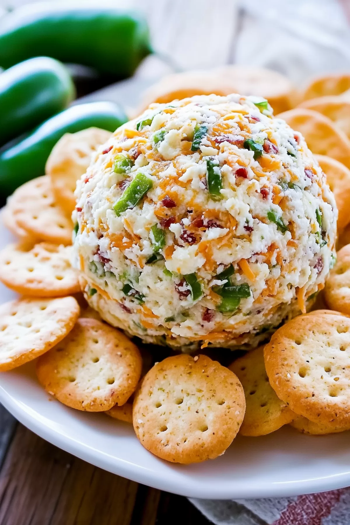 A festive jalapeño cheese ball glistening with fresh ingredients, complemented by a stack of crispy crackers ready for serving.