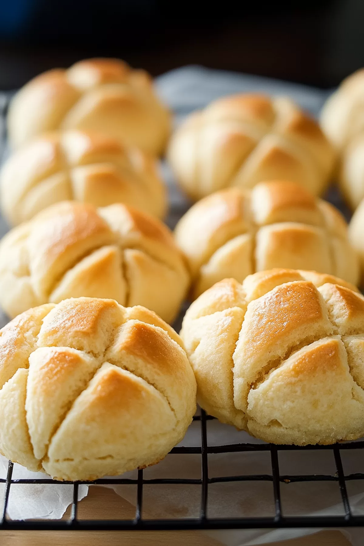 Close-up of golden, sugar-crusted bread with a delicate crackled top.