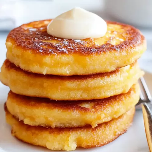 A close-up view of thick, golden pancakes highlighting their crispy exterior and fluffy interior.