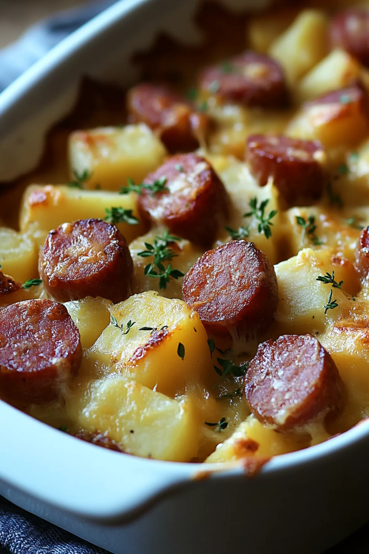 Golden, cheesy casserole with tender potato chunks and sausage slices garnished with parsley.