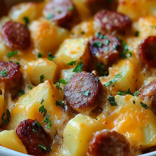 Close-up of baked potatoes and sliced kielbasa topped with melted cheese and fresh herbs in a white dish.