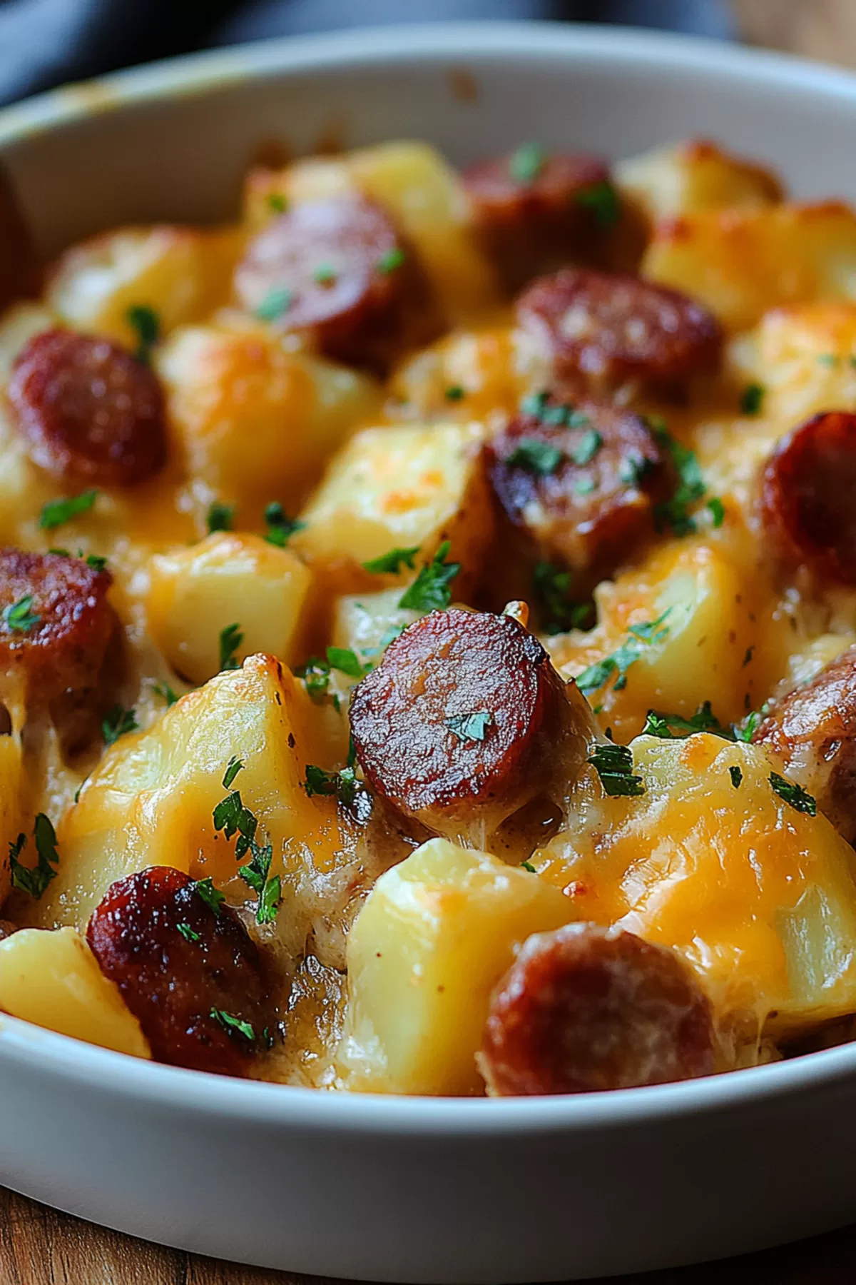 Close-up of baked potatoes and sliced kielbasa topped with melted cheese and fresh herbs in a white dish.