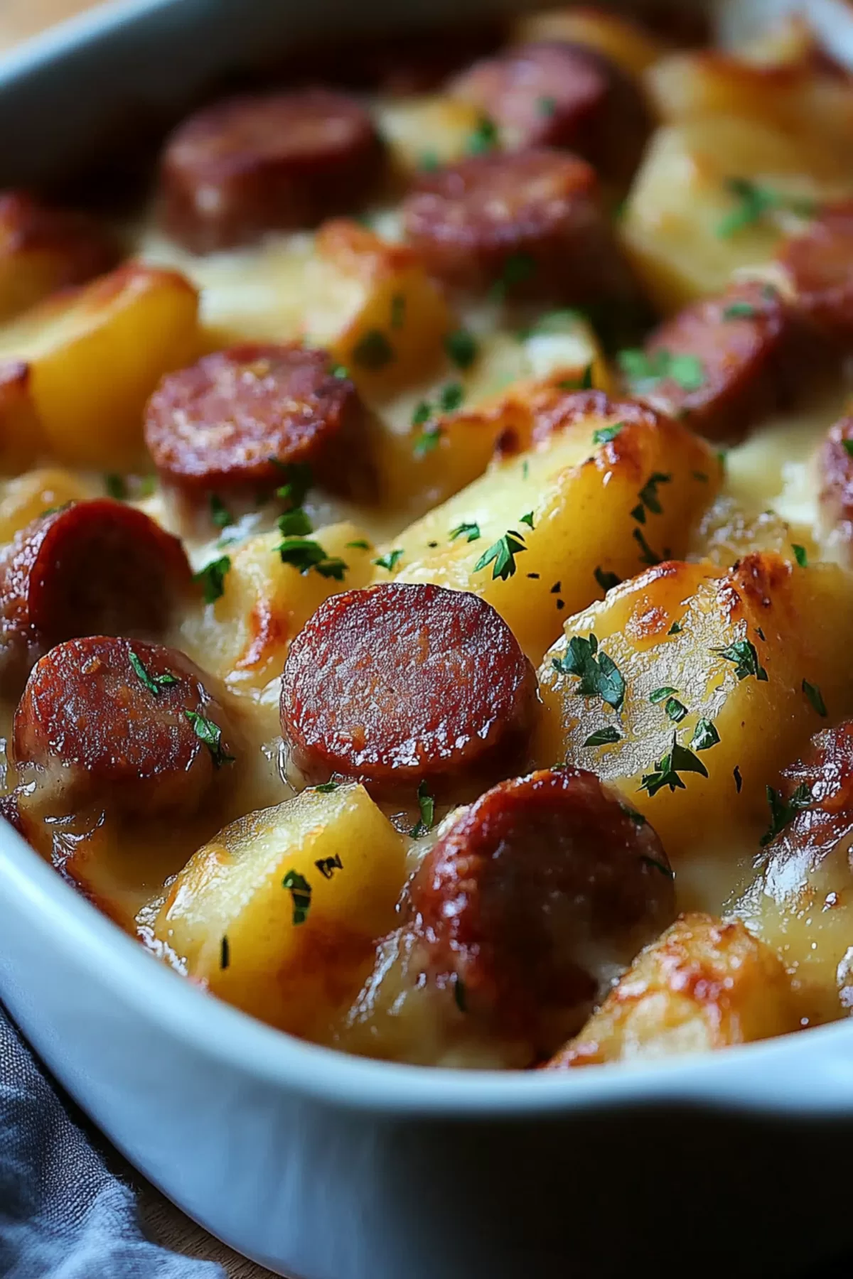 Top view of hearty potato and sausage casserole, fresh from the oven with crispy edges.