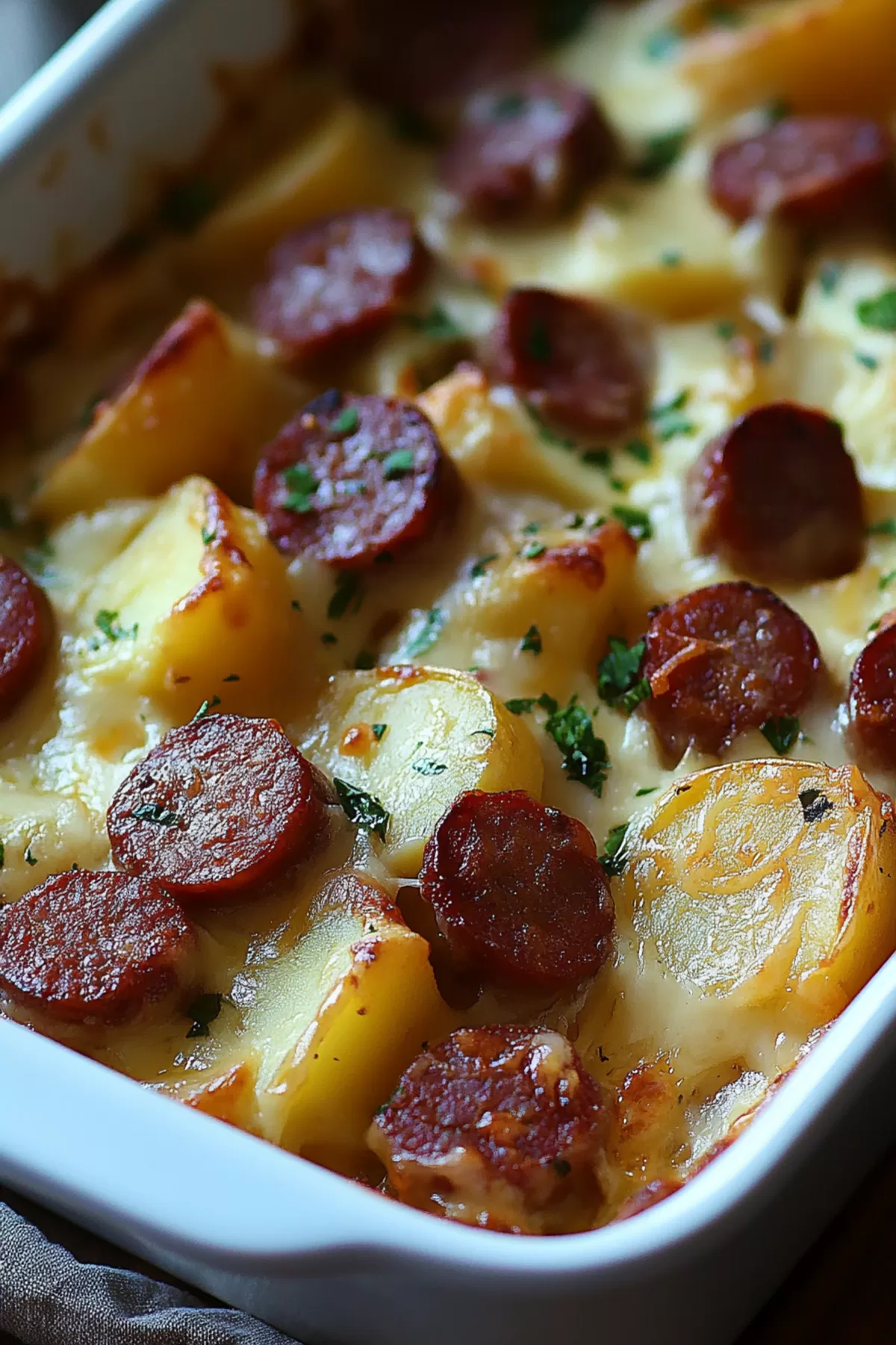 omforting casserole featuring kielbasa slices, cheesy potatoes, and fresh thyme sprigs in a rustic presentation.