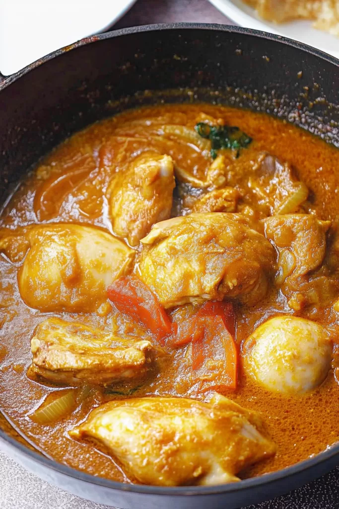 Close-up of a vibrant dish featuring golden chicken in a flavorful coconut sauce.