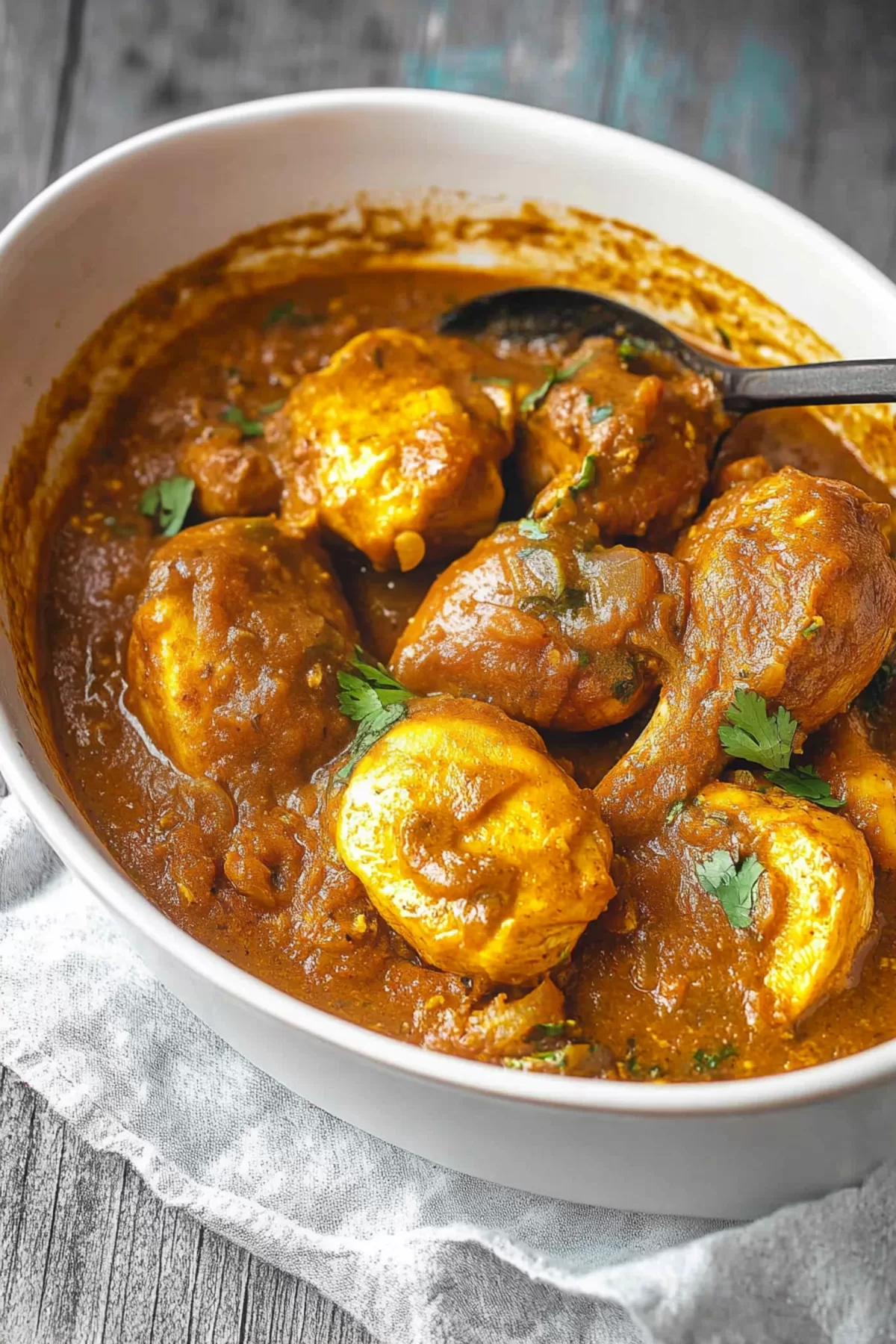 Tender chicken simmered in a spiced coconut milk curry, ready to enjoy.