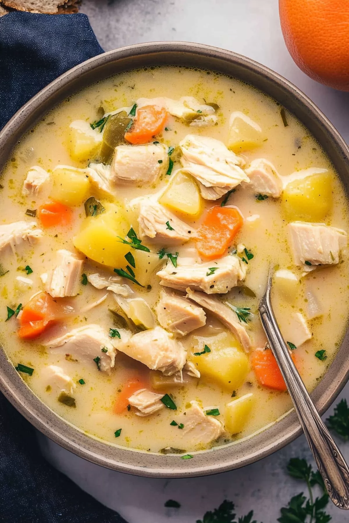 Close-up of a comforting broth filled with tender meat and fresh herbs.