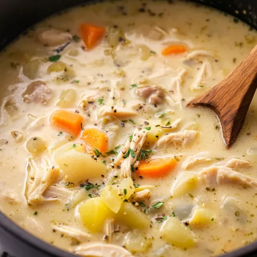 Warm and inviting soup perfect for using up holiday leftovers, garnished with parsley.