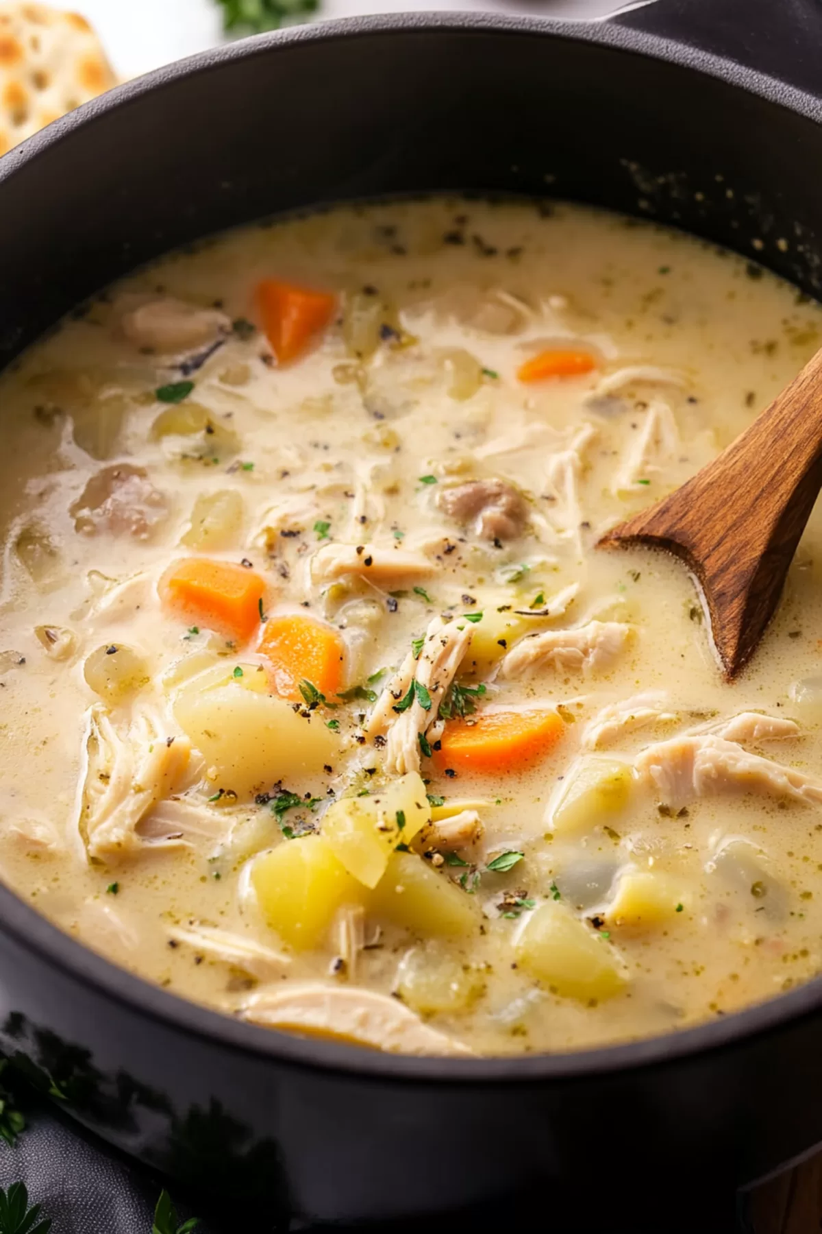 Warm and inviting soup perfect for using up holiday leftovers, garnished with parsley.