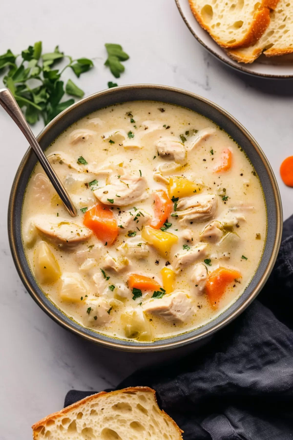 A cozy bowl of homemade soup featuring a rich broth and wholesome ingredients.