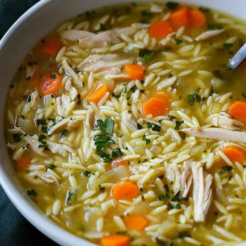 Close-up of a light and creamy soup featuring shredded chicken, orzo, and a touch of lemon zest.