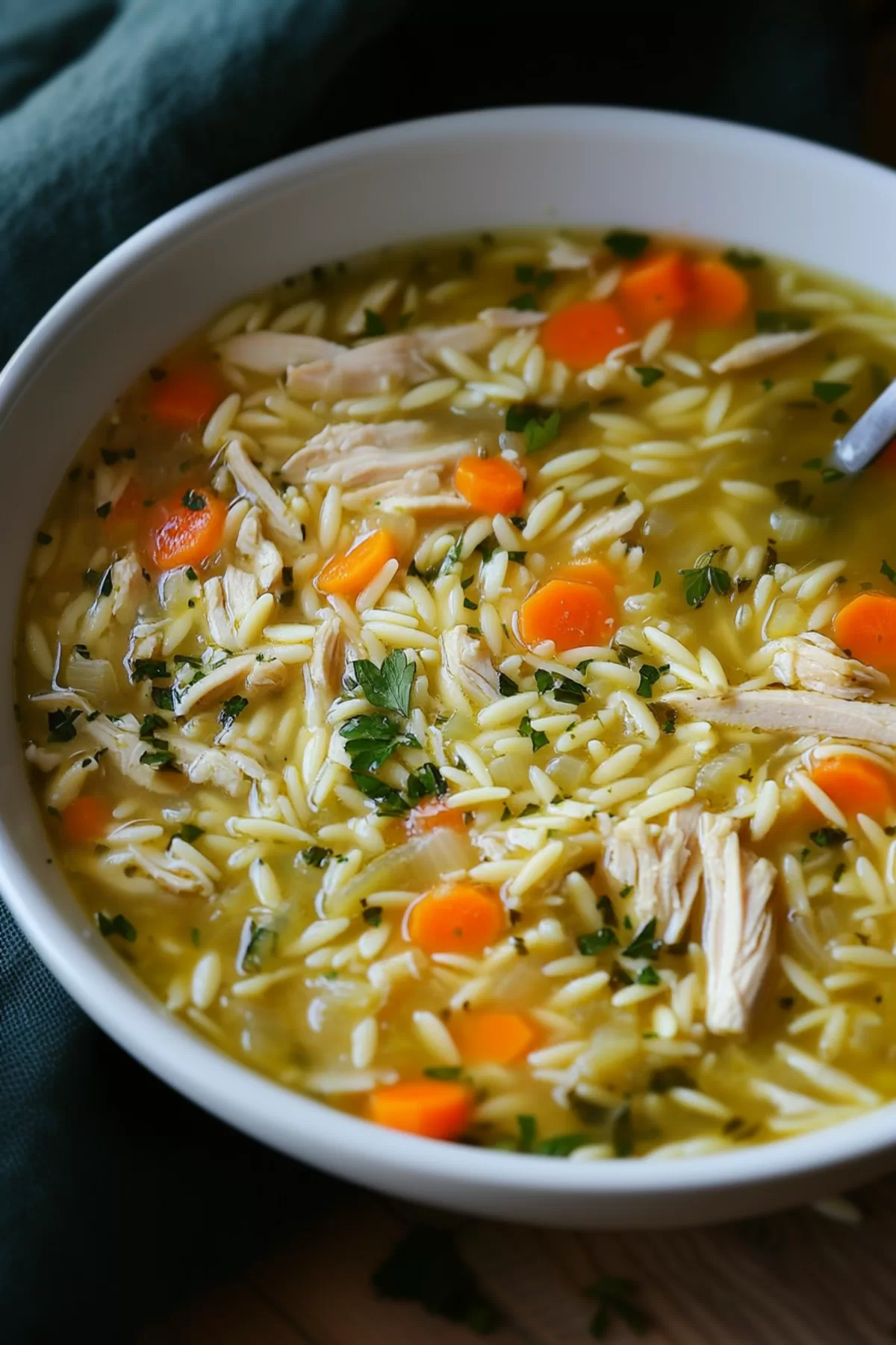 Close-up of a light and creamy soup featuring shredded chicken, orzo, and a touch of lemon zest.