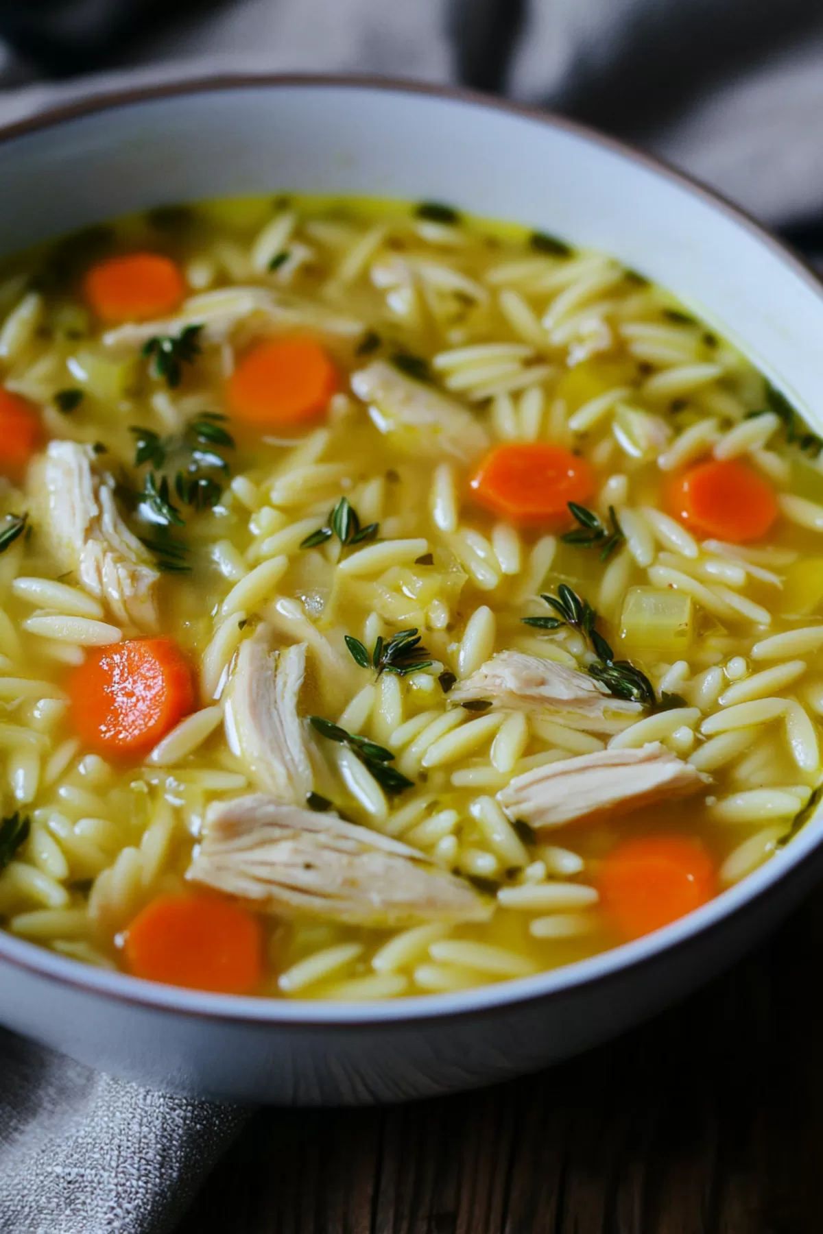 A cozy dinner table setup with a steaming bowl of soup, topped with herbs and a lemon wedge.