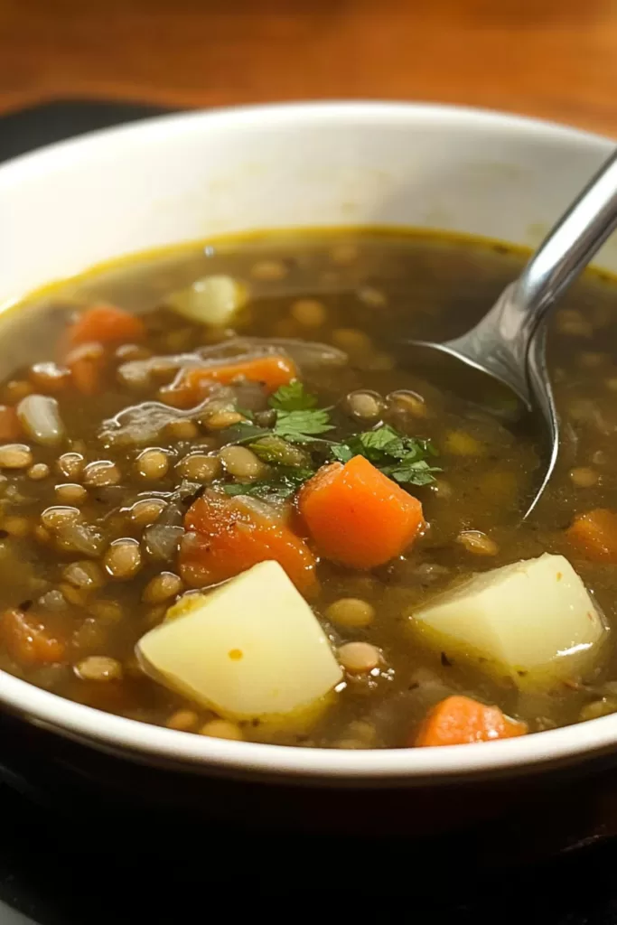 A bowl of hearty soup with chunks of potatoes, lentils, and colorful vegetables, garnished with fresh parsley.