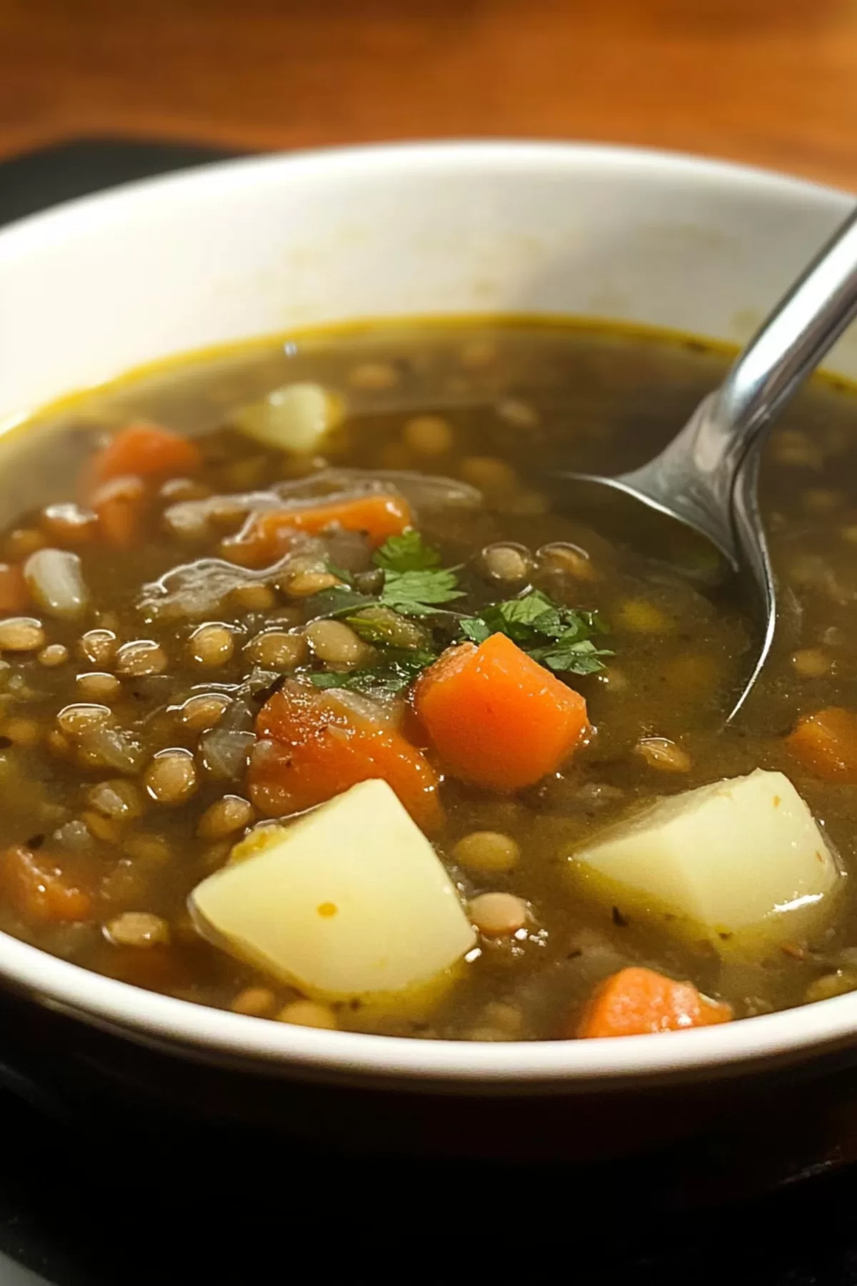 A bowl of hearty soup with chunks of potatoes, lentils, and colorful vegetables, garnished with fresh parsley.