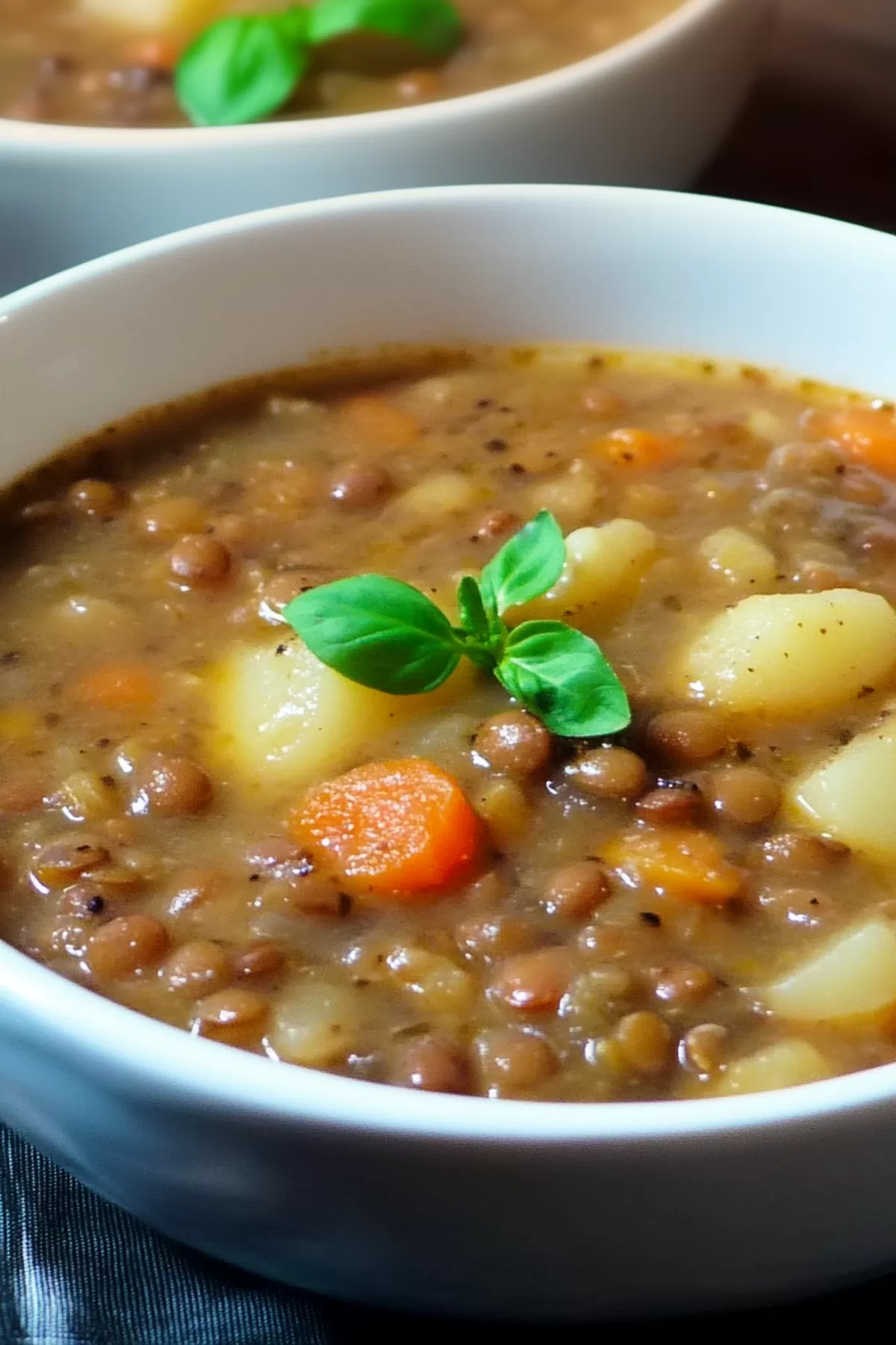 Close-up of a steaming soup showcasing tender lentils, diced potatoes, and a rich, savory broth.