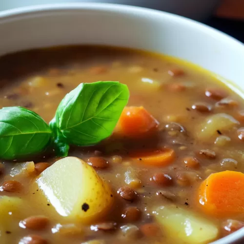 A rustic pot filled with vibrant soup, highlighting the earthy lentils and creamy potato pieces.