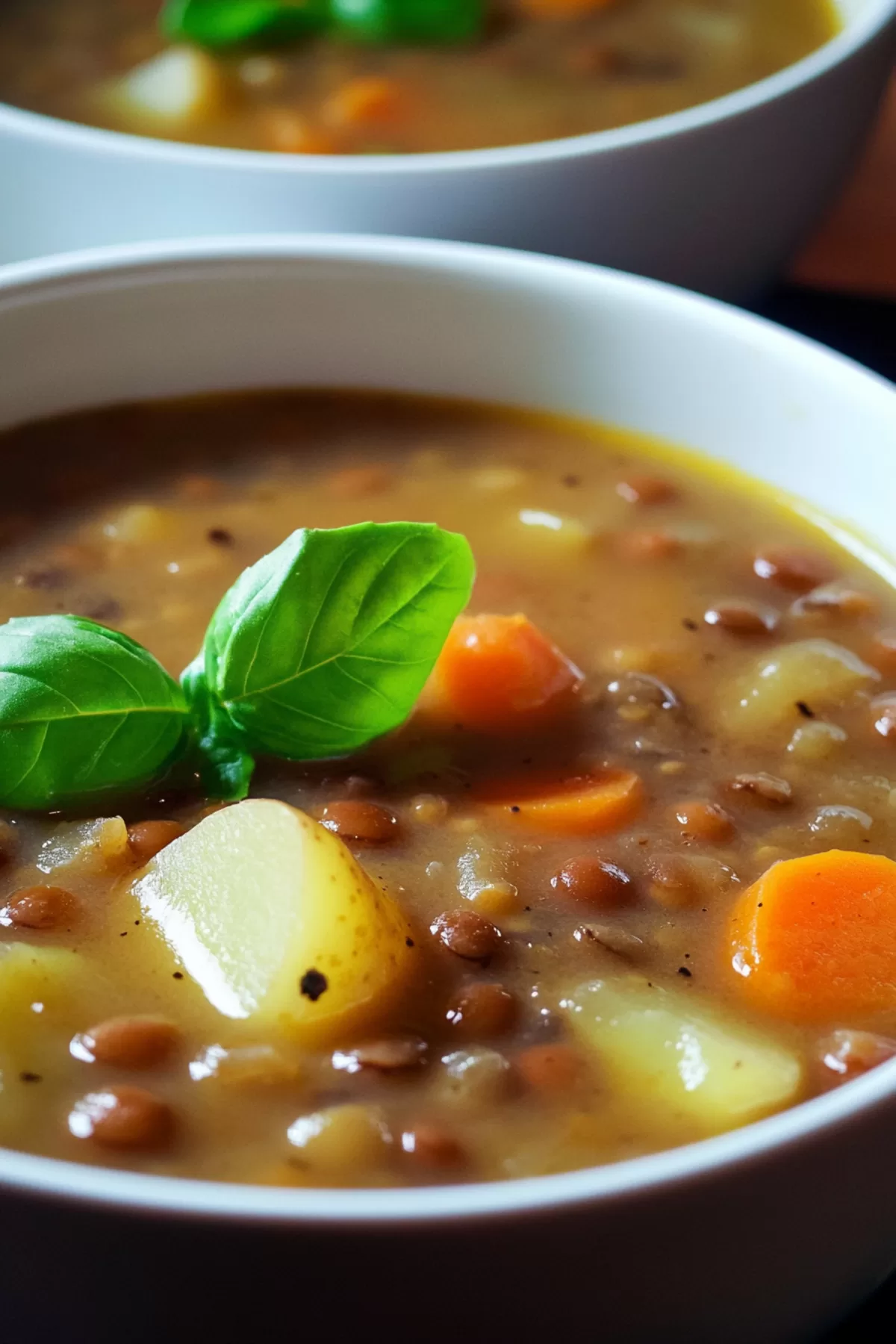 A rustic pot filled with vibrant soup, highlighting the earthy lentils and creamy potato pieces.