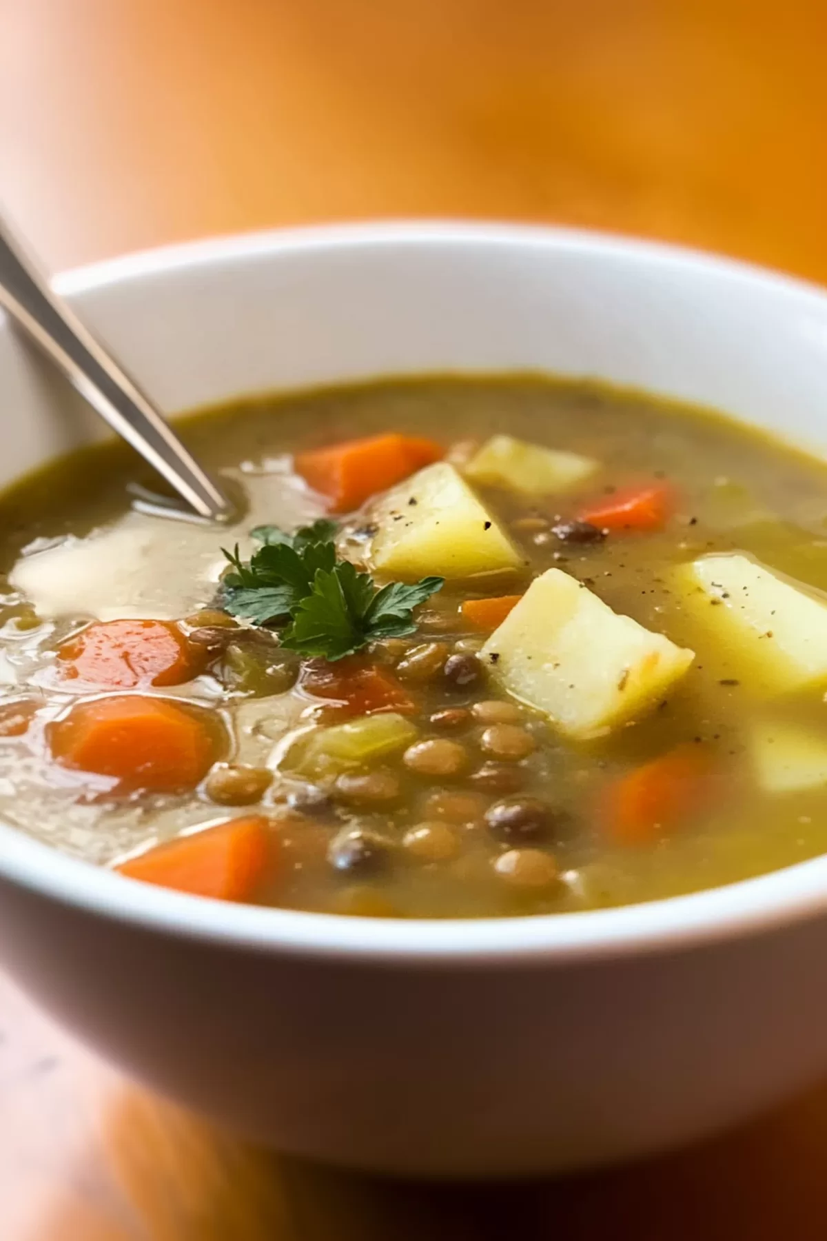 A spoonful of warm, comforting soup featuring lentils, potatoes, and aromatic herbs ready to be enjoyed.