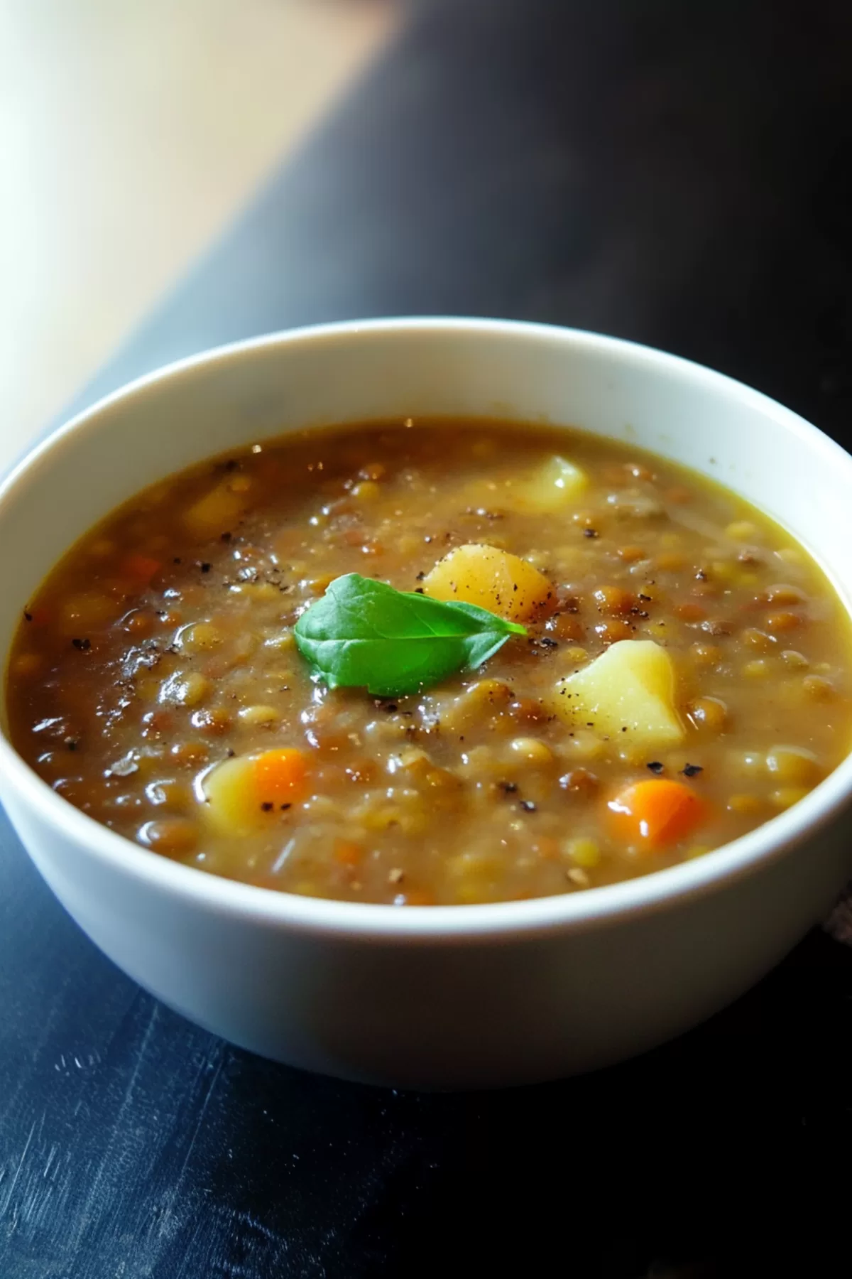 A cozy serving of homemade soup with lentils and potatoes, perfect for a chilly day.