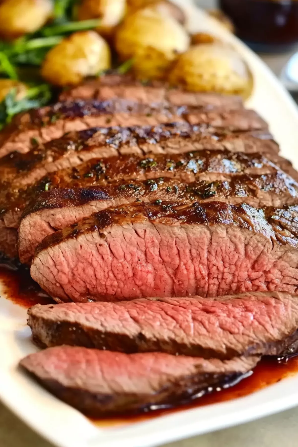 Sliced medium-rare steak served on a platter with golden roasted potatoes and fresh greens.