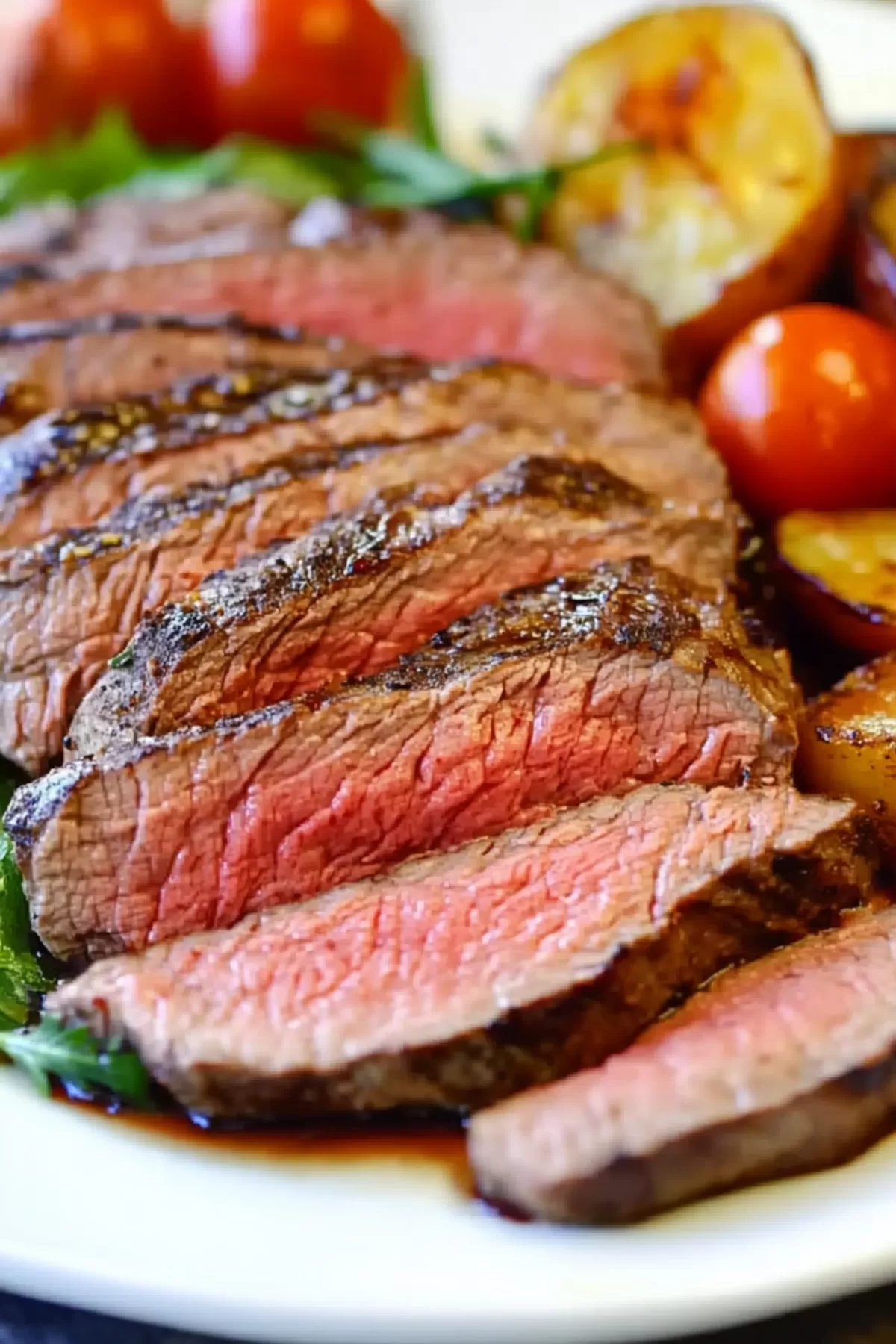 Close-up of juicy, perfectly seared London Broil slices showcasing its tender texture.