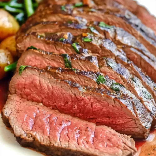 London Broil steak slices plated with a drizzle of pan juices and a side of roasted cherry tomatoes.