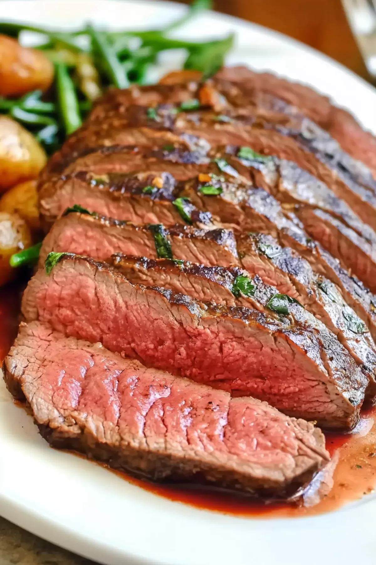 London Broil steak slices plated with a drizzle of pan juices and a side of roasted cherry tomatoes.