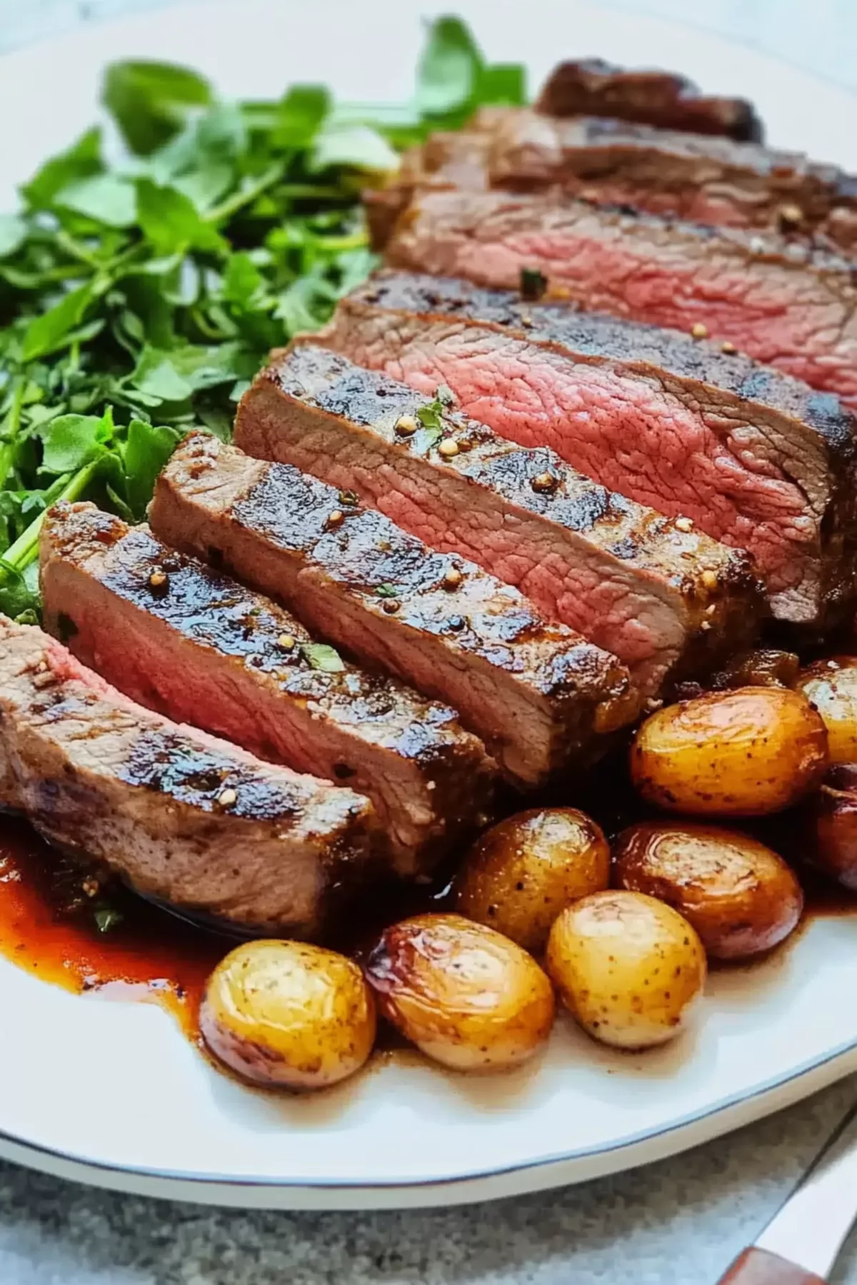 Grilled London Broil steak with charred edges and a vibrant pink center, accompanied by vegetables.