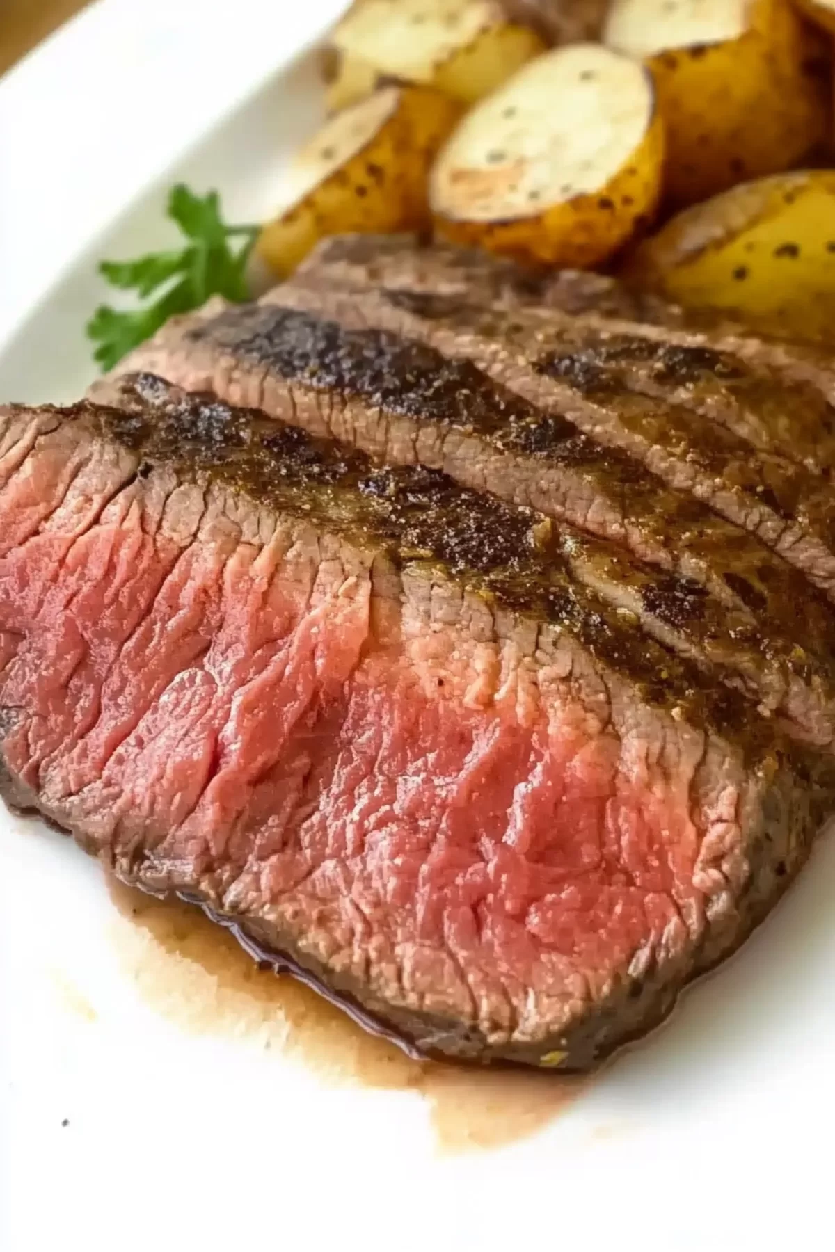 Rustic presentation of sliced London Broil with crispy roasted potatoes and fresh herbs.