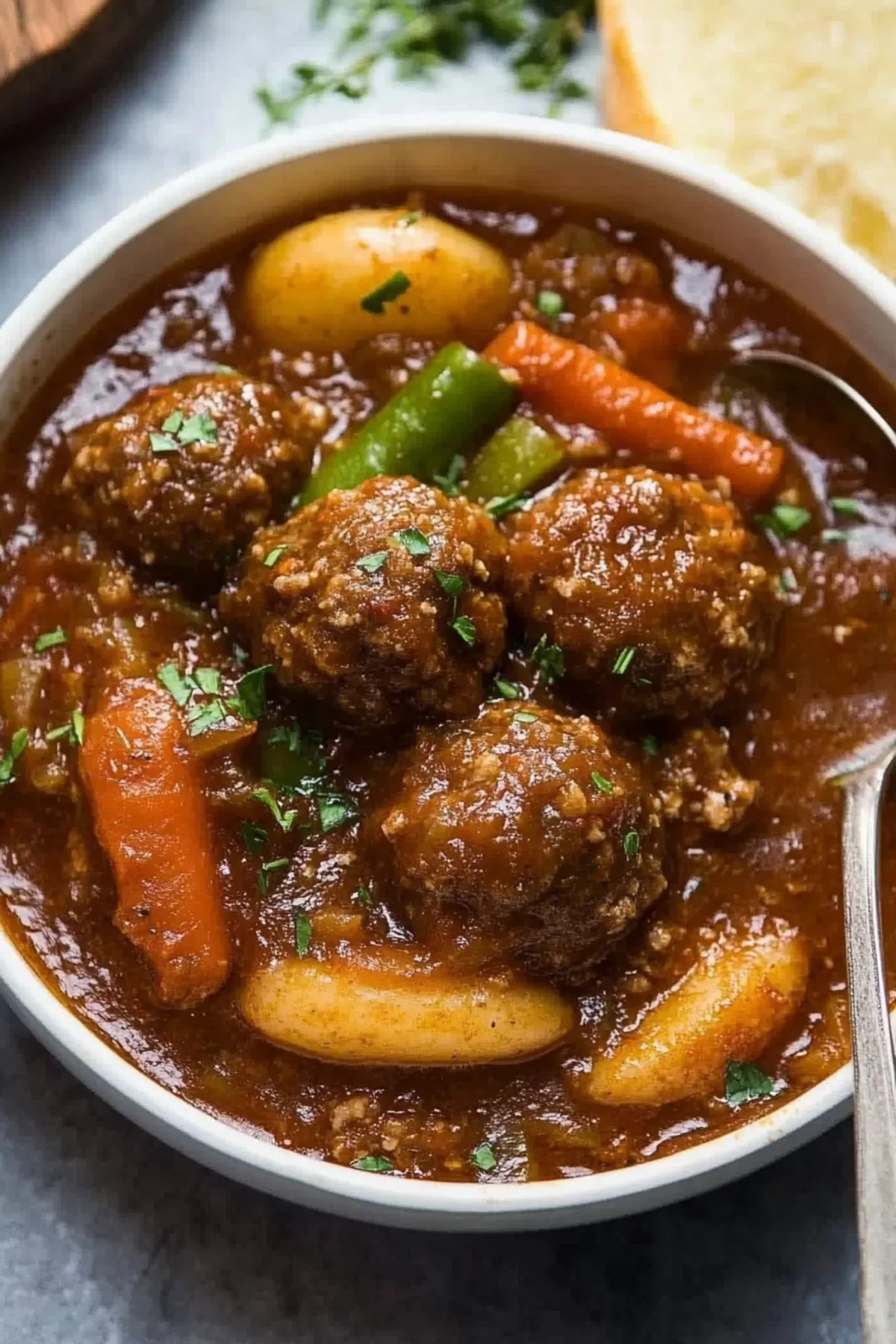 A comforting bowl of stew with fresh herbs sprinkled on top, perfect for a cozy meal.