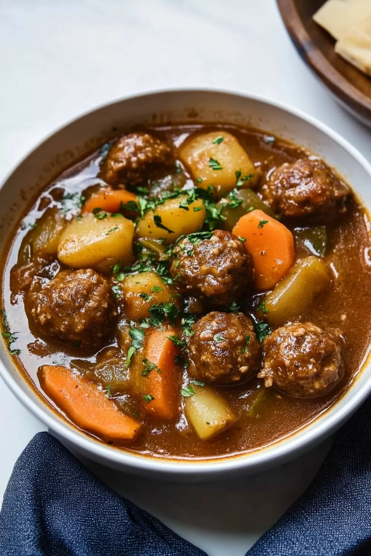 A hearty bowl of stew featuring tender vegetables and rich broth.